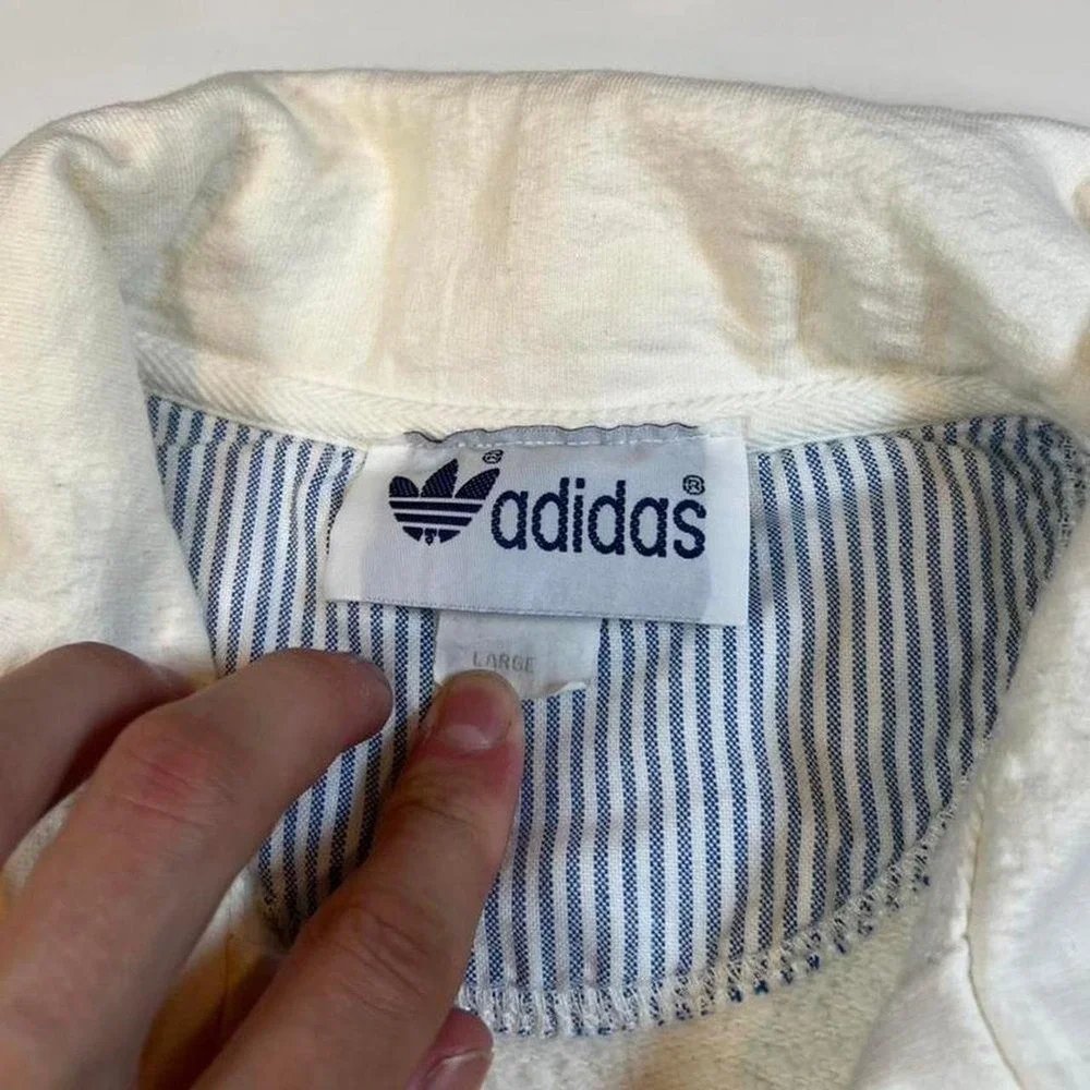 Adidas Rugby Shirt Mens Large Vintage Cream Long Sleeve Polo Embroidered Logo